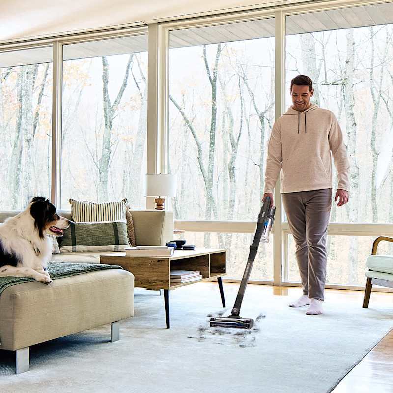 Vacuuming a living room rug with a dog watching nearby