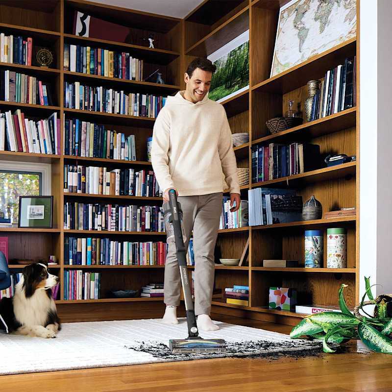 Vacuuming a rug to hardwood transition with a dog in the room